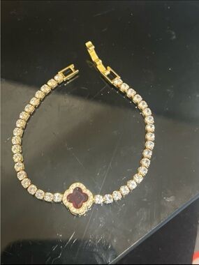 Simple, red clover, pendant, tennis bracelet with 14 karat gold plating #487